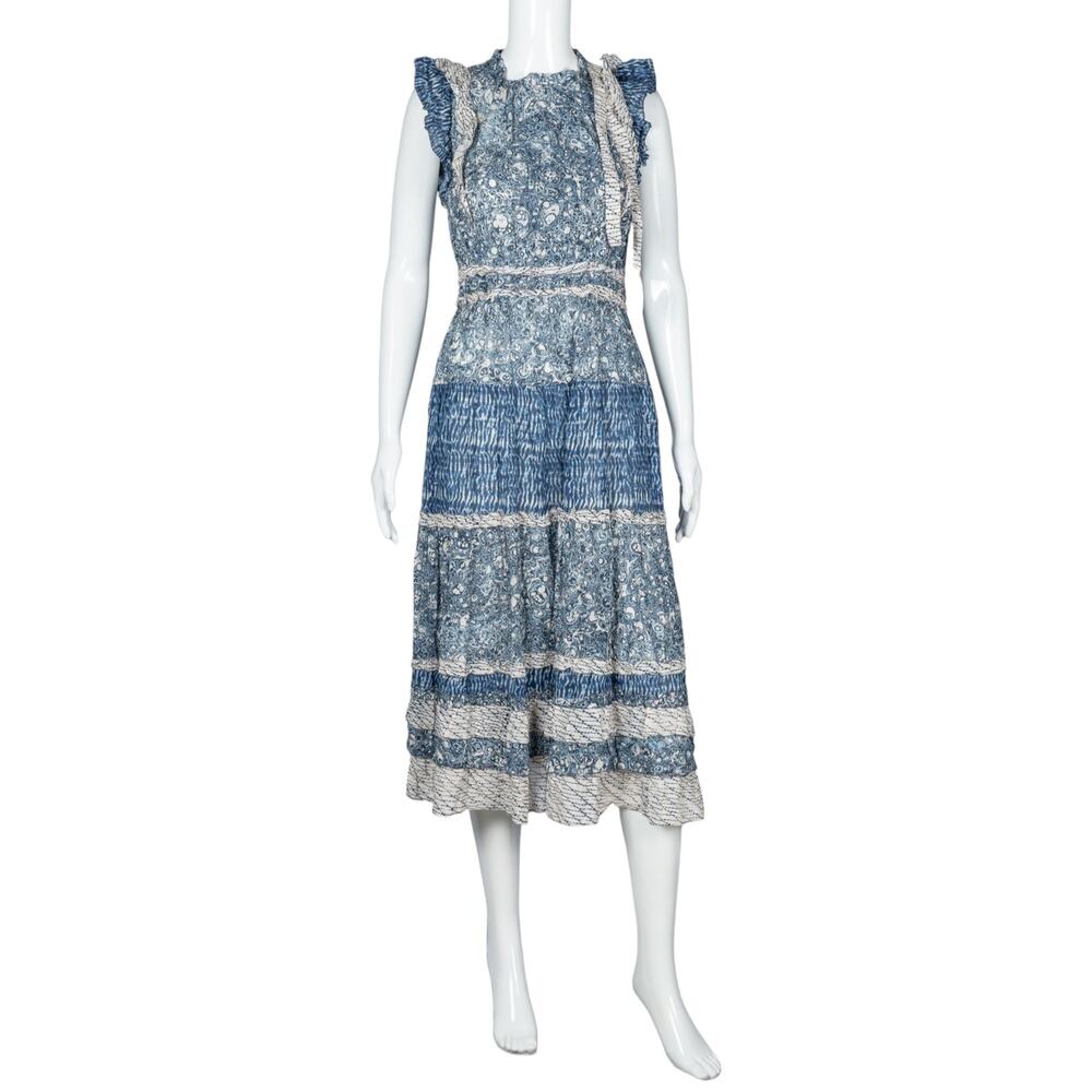 ULLA JOHNSON Blue Cotton Blend Sleeve Less Midi Dress Size S